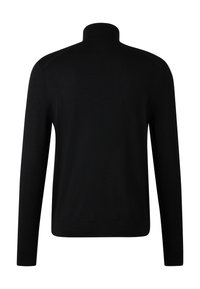 Černý, dlouhýsvědčící pulovr s vysokým límcem. Vyrobený z hladkého materiálu, má přiléhavý střih a žebrované manžety a lem.
