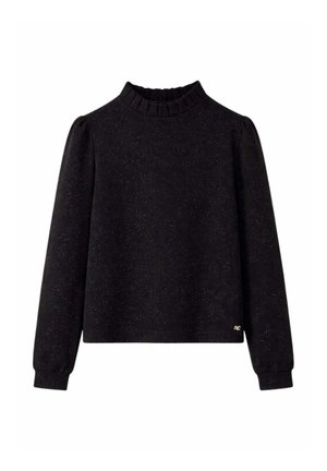 Maglione nero a maniche lunghe con una sottile texture scintillante, collo alto a costine e polsini, spalle sbuffate e piccolo logo dorato vicino all'orlo.