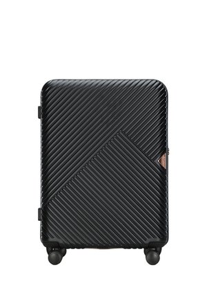 Black hard-shell suitcase with diagonal ridges, accented by a rose gold triangle. Features four black wheels for easy mobility.