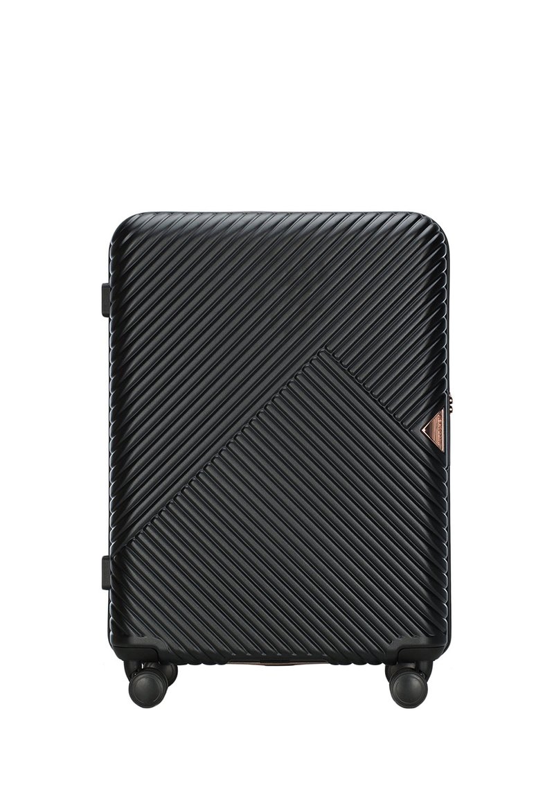 Black hard-shell suitcase with diagonal ridges, accented by a rose gold triangle. Features four black wheels for easy mobility.
