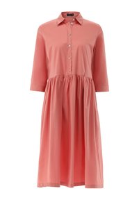 Abito rosa a tre quarti con maniche a sbuffo, bottone e collo a camicia, con una vita arricciata. Realizzato in tessuto morbido con una leggera lucentezza.