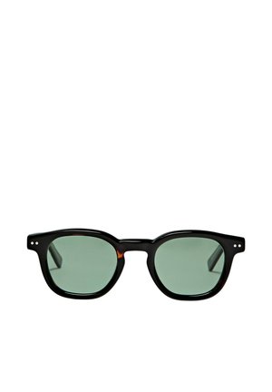 Schwarz gerahmte Sonnenbrille mit grün getönten Gläsern und kleinen silbernen Punkten nahe den Scharnieren auf jeder Seite.