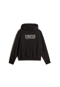 Sudadera negra de tela suave con un bolsillo frontal. Presenta un logo acentuado en blanco con flores en el pecho. Incluye una capucha amplia.