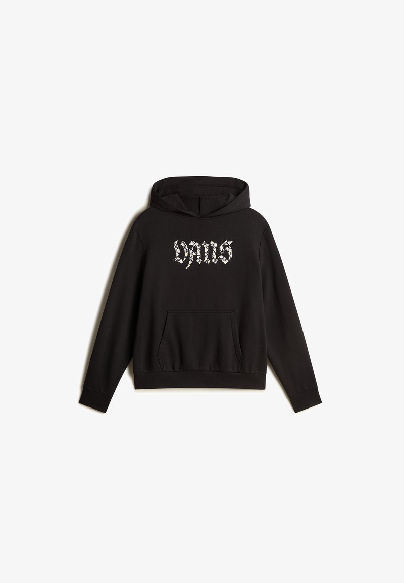 Svart hoodie i mjukt tyg med en framficka. Har en vit logotyp med blommor på bröstet. Inkluderar en rymlig huva.