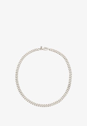 Zilverkleurige dikke schakelketting met karabijnsluiting, plat neergelegd op een witte achtergrond.