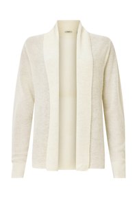 Kevyt, avoin etukappaleen neuletakki off-white värissä, jossa on teksturoitu neulekuvio, pitkät hihat ja rento istuvuus, jossa on huivikaulus.