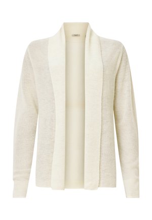 Lightweight, open-front cardigan in off-white, featuring a textured knit design, long sleeves, and a relaxed fit with a shawl collar.