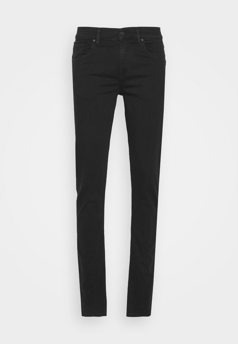 Črne jeanske hlače s slim fit krojem, zasnovo s petimi žepi in gladko teksturo. Imajo gumb in zadrgo za zapiranje v pasu.