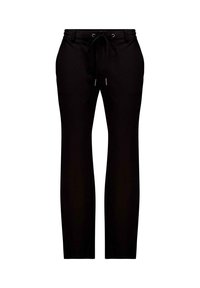 Zwarte rechte broek met een verstelbare koordjesband en zijzakken, weergegeven op een witte achtergrond.