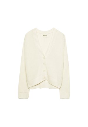 Witte gecropte cardigan, gebreide textuur, V-hals, vijf knopen aan de voorkant, ribbelaccenten op de mouwen en onderrand. Zachte stof, casual ontwerp.