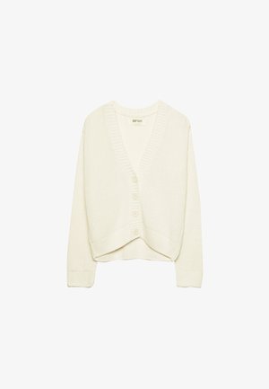 Weißer kurzes Strick-Cardigan, gestrickte Textur, V-Ausschnitt, Frontverschluss mit fünf Knöpfen, gerippte Akzente an den Bündchen und dem Saum. Weicher Stoff, lässiges Design.