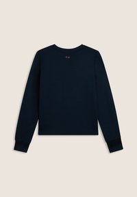 Felpa blu navy dal tessuto morbido, con scollatura rotonda, maniche lunghe e un piccolo logo sul retro del collo.