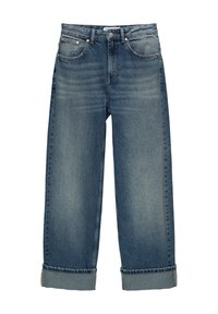 Jean en denim bleu à taille haute, avec bouton et fermeture éclair sur le devant, style cinq poches, et revers retroussés.
