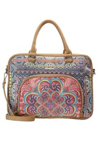 Borsa per laptop con motivo multiplo caratterizzata da un design floreale rosa e blu, dettagli in beige e una tracolla staccabile. Misura circa 15 pollici di larghezza.