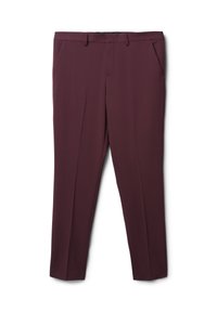 Pantaloni eleganti slim-fit color bordeaux con passanti per cintura, tasche laterali e dettagli con piega frontale, esposti piatti su uno sfondo bianco.