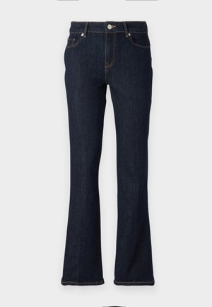 Dark denim flared jeans with a mid-rise waist, featuring contrast stitching, two front pockets, and a metal button closure.