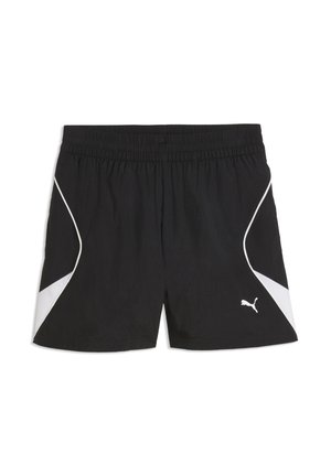 Zwarte Puma sportshorts met witte zijpanelen, elastische tailleband en Puma-logo op het onderste rechterbeen.