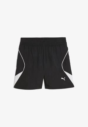 Zwarte Puma sportshorts met witte zijpanelen, elastische tailleband en Puma-logo op het onderste rechterbeen.