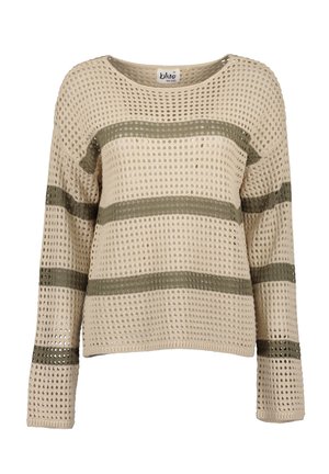 Maglione lavorato a maglia beige con trama aperta, caratterizzato da strisce orizzontali verde oliva. Collo rotondo, maniche lunghe e polsini a costine.