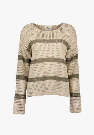 Beige gebreide trui met openweving, voorzien van olijfgroene horizontale strepen. Ronde halslijn, lange mouwen en ribgebreide manchetten.
