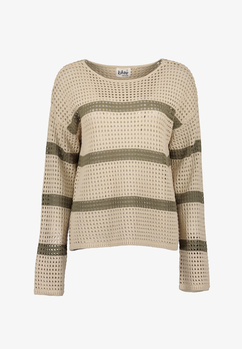 Pull en tricot beige avec une trame ajourée, arborant des rayures horizontales vert olive. Encolure ronde, manches longues et poignets côtelés.