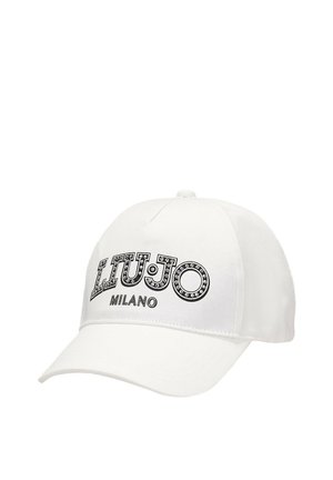 Cappellino da baseball bianco con visiera curva, con logo "LIU JO MILANO" nero e dettagli borchiati sul pannello frontale.