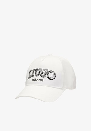 Cappellino da baseball bianco con visiera curva, con logo "LIU JO MILANO" nero e dettagli borchiati sul pannello frontale.
