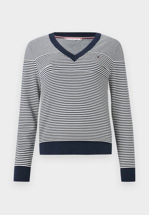 Pull en maille rayé avec un col en V. Rayures horizontales bleues et blanches, poignets et ourlet côtelés, tissu doux et encolure contrastée.