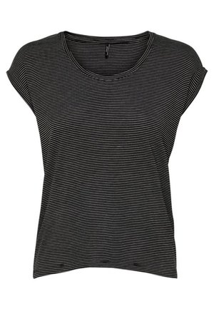 T-shirt à manches courtes à fines rayures horizontales noires et blanches, col rond et coupe décontractée.