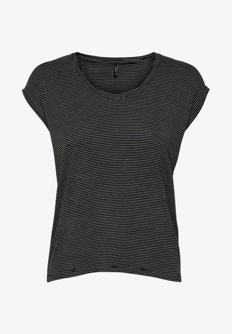 T-shirt à manches courtes à fines rayures horizontales noires et blanches, col rond et coupe décontractée.
