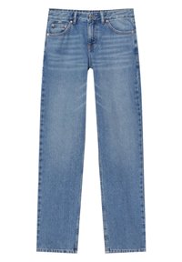 Light blue denim jeans with a straight leg design, five pockets, and copper-tone hardware. The fabric shows a soft, worn texture.
