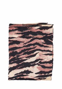 Sciarpa in tessuto di cotone con un motivo a strisce di tigre rosa e nere, caratterizzata da una consistenza morbida e bordi irregolari.