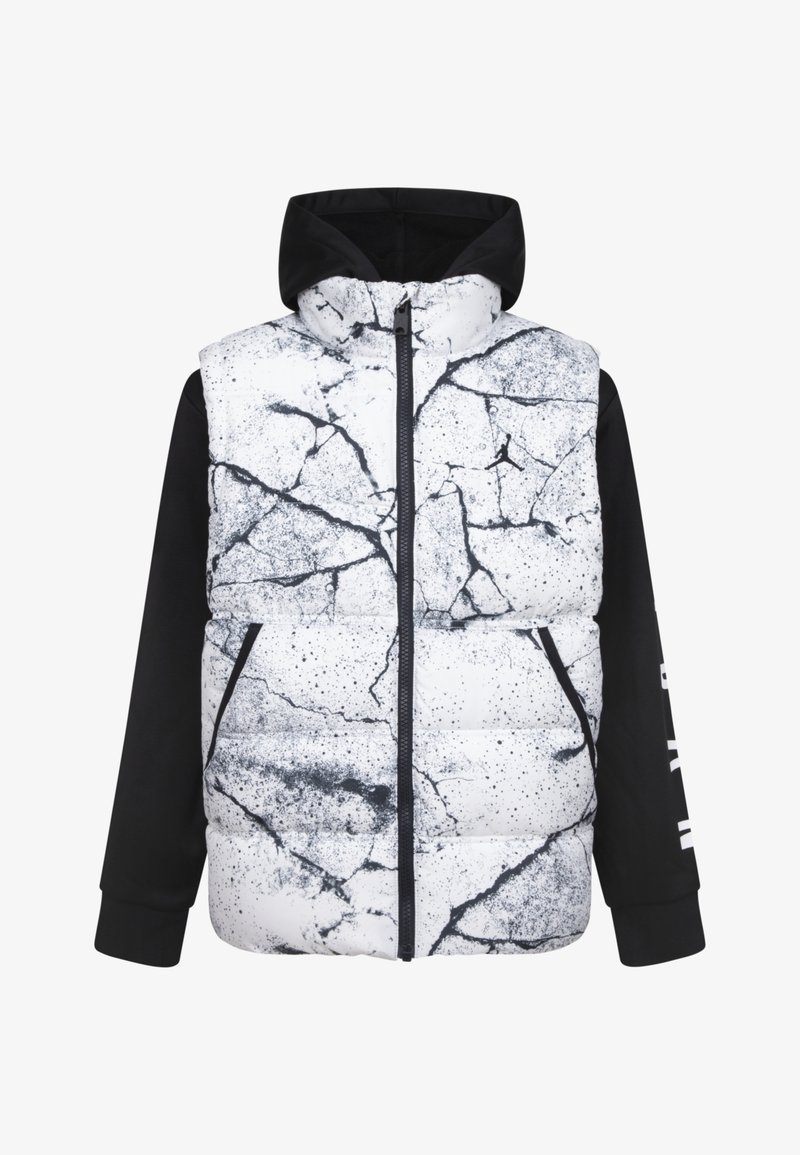 Puffer vest with a white body featuring a black cracked pattern, black sleeves, a zip front, and a hood. Text on sleeves in white.