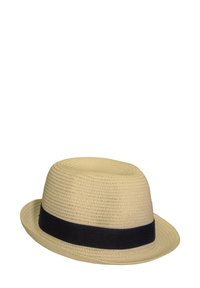 Beige straw fedora hat with a black fabric band. Features a rounded crown and a narrow brim, with a textured woven pattern.