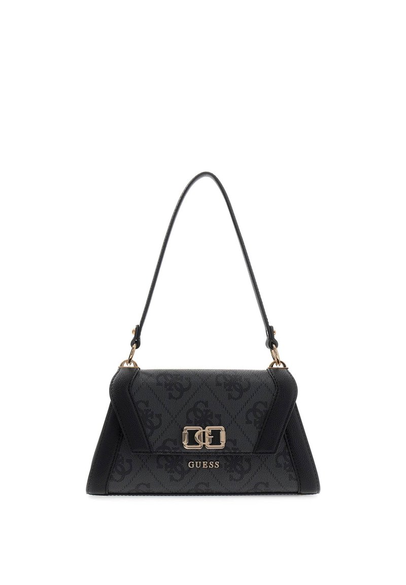 Borsa nera in tessuto con logo GUESS in rilievo, forma strutturata, dettagli in metallo dorato e manico superiore. Tessuto liscio e design angolare.