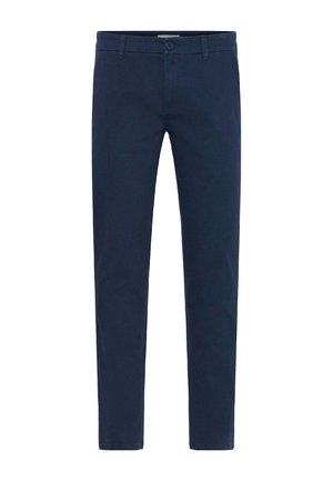 Chinos in cotone blu navy, design a gamba dritta, dotati di chiusura a bottone, passanti per cintura e tasche laterali. Texture liscia senza motivi.