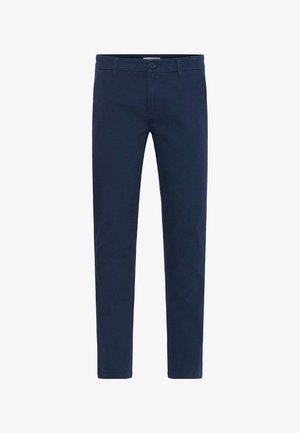 Mørkeblå bomullschinos, rett ben-design, med knapplukking, beltehemper og sidelommer. Glatt tekstur uten mønstre.