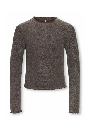Haut en maille ajusté à manches longues, brun foncé avec un subtil éclat et des bords festonnés au niveau de l'encolure, des poignets et de l'ourlet.
