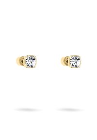 Boucles d'oreilles en métal doré avec des cristaux carrés transparents, une finition métallique lisse et un fermoir à tige sécurisé pour un port facile.