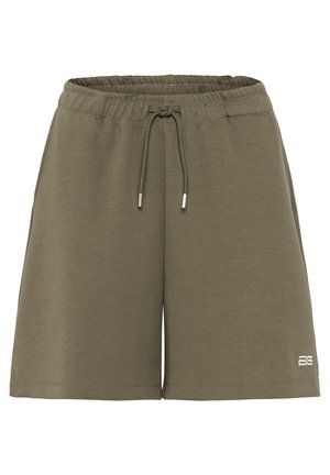 Olive green athletic shorts with a soft texture, elastic waistband, drawstring, and small logo detail on the hem.