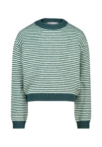 Il maglione a righe presenta un design cropped, con righe alternate di verde chiaro e verde scuro, e polsini e collo a coste. Realizzato in morbido materiale a maglia.
