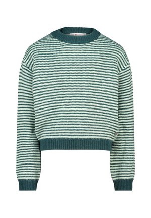 Le pull rayé présente un design court, avec des rayures alternées de vert clair et foncé, ainsi que des poignets et un col côtelés. Fabriqué en matériau tricoté doux.