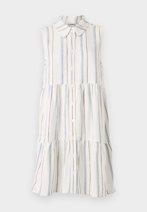 Varrukateta kleit kraeäärisega, mis on kaunistatud horisontaalsete triipudega sinises, pruunis ja kreemis, ning millel on nööbid esiosas.