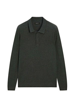 Dunkelgrauer, gerippter Langarm-Polo-Pullover mit drei Knöpfen und einem weichen Kragen, aus gestricktem Stoff gefertigt.