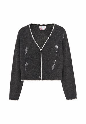 Mørkegrå kort cardigan med hvid kant og små hvide blomsterbroderier, med V-hals og knaplukning.