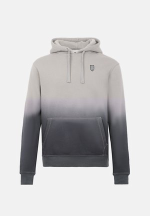 Sudadera con capucha con bolsillo delantero, cordones y degradado de color que va de gris claro en la parte superior a gris oscuro en la parte inferior, con un pequeño logo en el pecho.