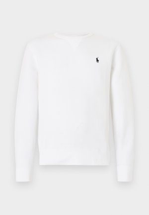 Sweat-shirt blanc à manches longues avec col rond et petit logo joueur de polo noir sur le côté gauche de la poitrine.