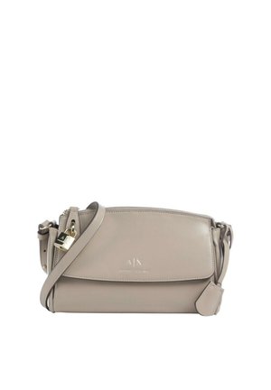 Borsa a tracolla beige Armani Exchange con pattina frontale, tracolla regolabile, dettaglio di chiusura color oro e logo impresso sul davanti.