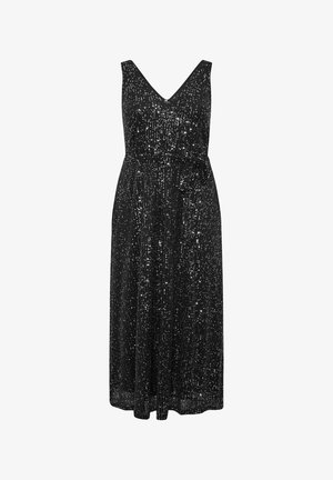 Schwarzes Paillettenkleid mit V-Ausschnitt, ärmellosem Design und geraffter Taille mit Schleife. Fußlanger Schnitt mit glatter, schimmernder Textur.