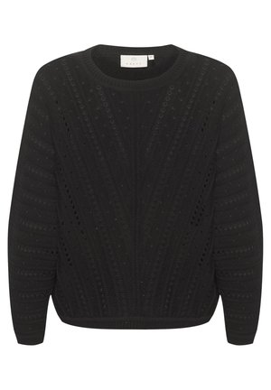 Črni pleteni pulover s krožnim izrezom, ki ima teksturno vzorčenje navpičnih črt in diamantskih oblik po celotni površini.